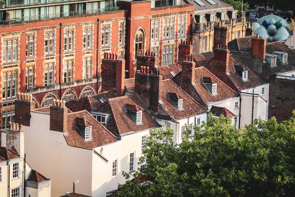 An aerial view of a dense cluster of residential buildings with red clay tile roofs, some of which have small skylights or vents. The roofs vary in height and slope, with a mix of white and brick exterior walls. Several chimneys with terracotta pots protrude from the rooftops, creating a pattern across the scene. In the background, a large, ornate brick building with decorative window framing and detailed brickwork stands prominently, contrasting with the smaller, simpler houses below. To the right, a section of a modern structure with a rounded, metallic architectural feature is partially visible behind the older buildings. Green foliage from a nearby tree frames the lower part of the image, adding a touch of natural contrast amid the urban rooftops. The lighting suggests a clear day with sunlight casting soft shadows, highlighting the textures and materials of the roofs and walls. The overall scene captures a typical urban residential area, which may be relevant in discussions around private rubbish clearance or alternative waste handling options for densely packed housing in the context of avoiding fly-tipping.