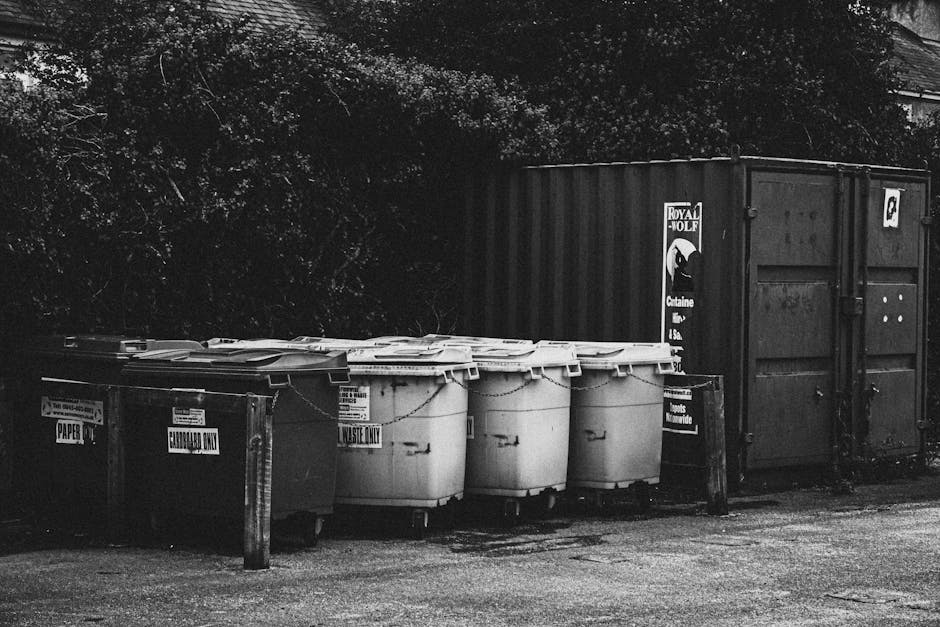 A row of five large plastic waste bins with closed lids, positioned on a paved surface adjacent to a tall wooden barrier and a metal shipping container. The bins are made of durable, textured plastic material, with three of them being light grey and two darker, possibly black or dark grey, and each bin has a hinged lid with a handle at the front. Labels indicating waste categories such as 'Papers,' 'Cardboard Only,' and 'Inert Waste Only' are affixed to the sides of the bins. The containers are situated outdoors, with dense foliage and trees visible in the background, creating a shaded environment. The scene appears to be an area designated for rubbish collection or disposal, possibly part of a private waste management service. The overall setting is utilitarian, with no vehicles or personnel in view, emphasizing a routine waste storage setup suitable for independent rubbish removal operations.